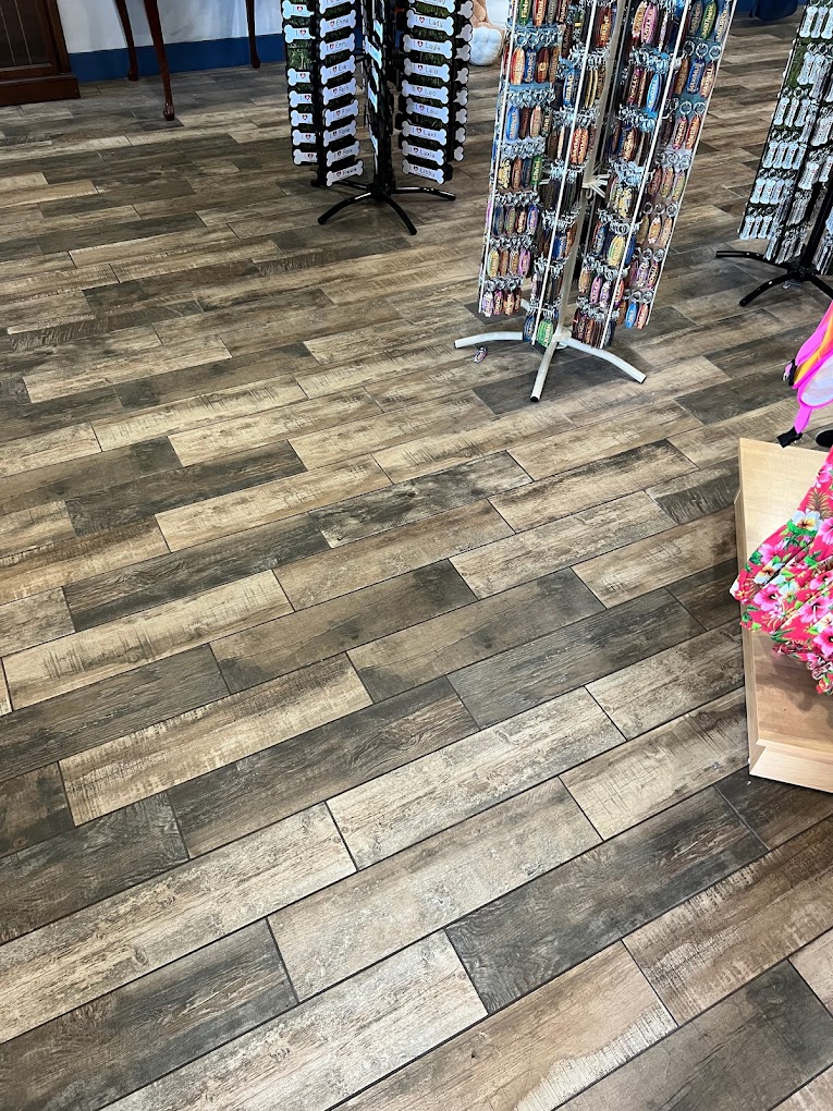 Distressed wood-look plank flooring.