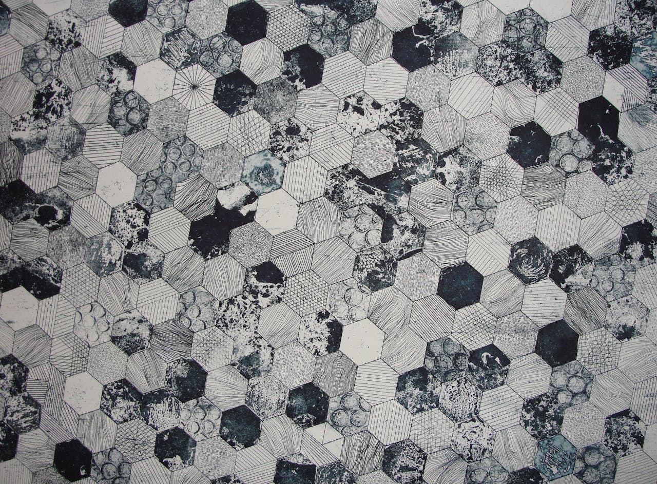 Close-up of patterned hexagonal floor or wall tiles.